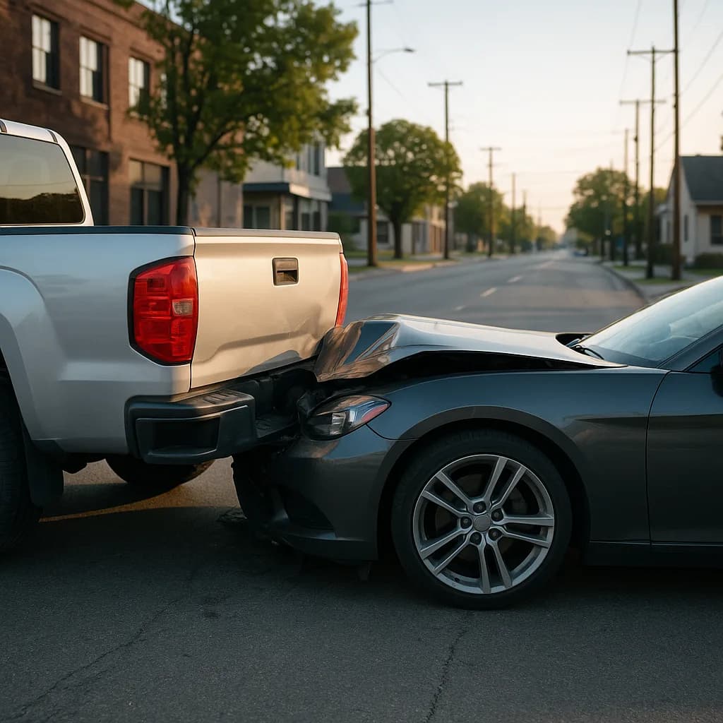 Car accident showing rear-end collision between white truck and gray sedan on suburban street